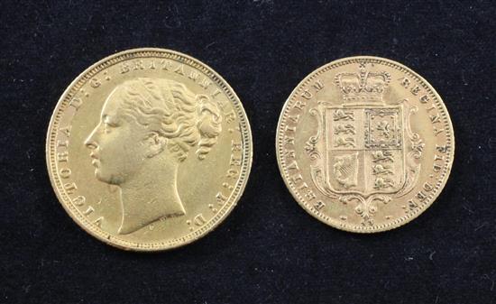 A Victoria 1871 gold full sovereign and an 1887 gold half sovereign.